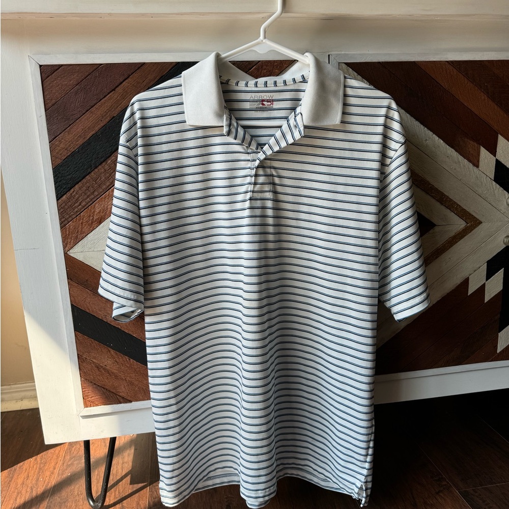 Men’s white and navy striped polo size medium